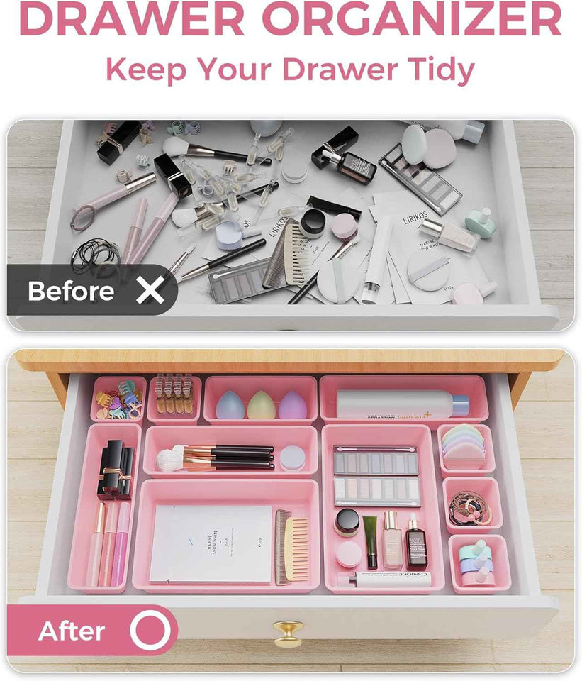 25 PCS Plastic Drawer Organizers Set, 4-Sizes Vanity and Makeup Organizer