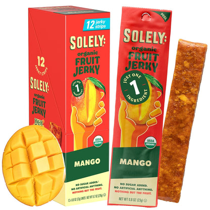 Solely - Organic Mango Fruit Jerky - 12 Individually Wrapped Fruit Strips - Fruit Leather Made from Dried Fruits - Healthy Snacks, Vegan - 0.8oz (23g)