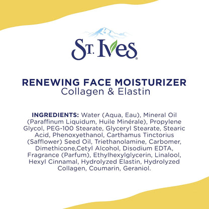 st. ives collagen elastin renewing facial moisturizer for dry skin, 10 oz, paraben free, cruelty free