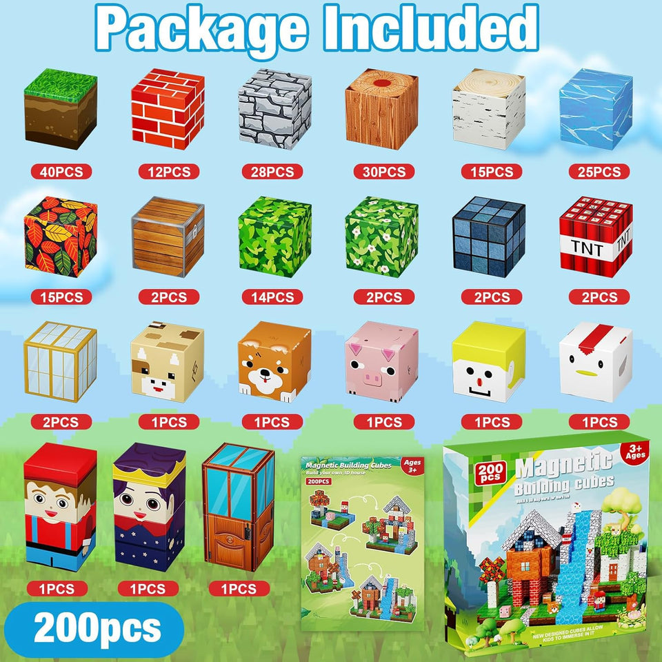 200PCS Magnetic Blocks, Magnetic Building Cube Toys for Kids, STEM Montessori Stacking, Sensory Education Toys for Toddlers Building World Set, Christmas Birthday Gifts for Kids Age 3 4 5 6 7 8 9 10