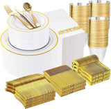 WELLIFE 700 Pieces Silver Plastic Dinnerware Set for 100 Guests - Includes Plates, Cups, Napkins, and Disposable Cutlery - Elegant White & Silver Design, Perfect for Parties and Events