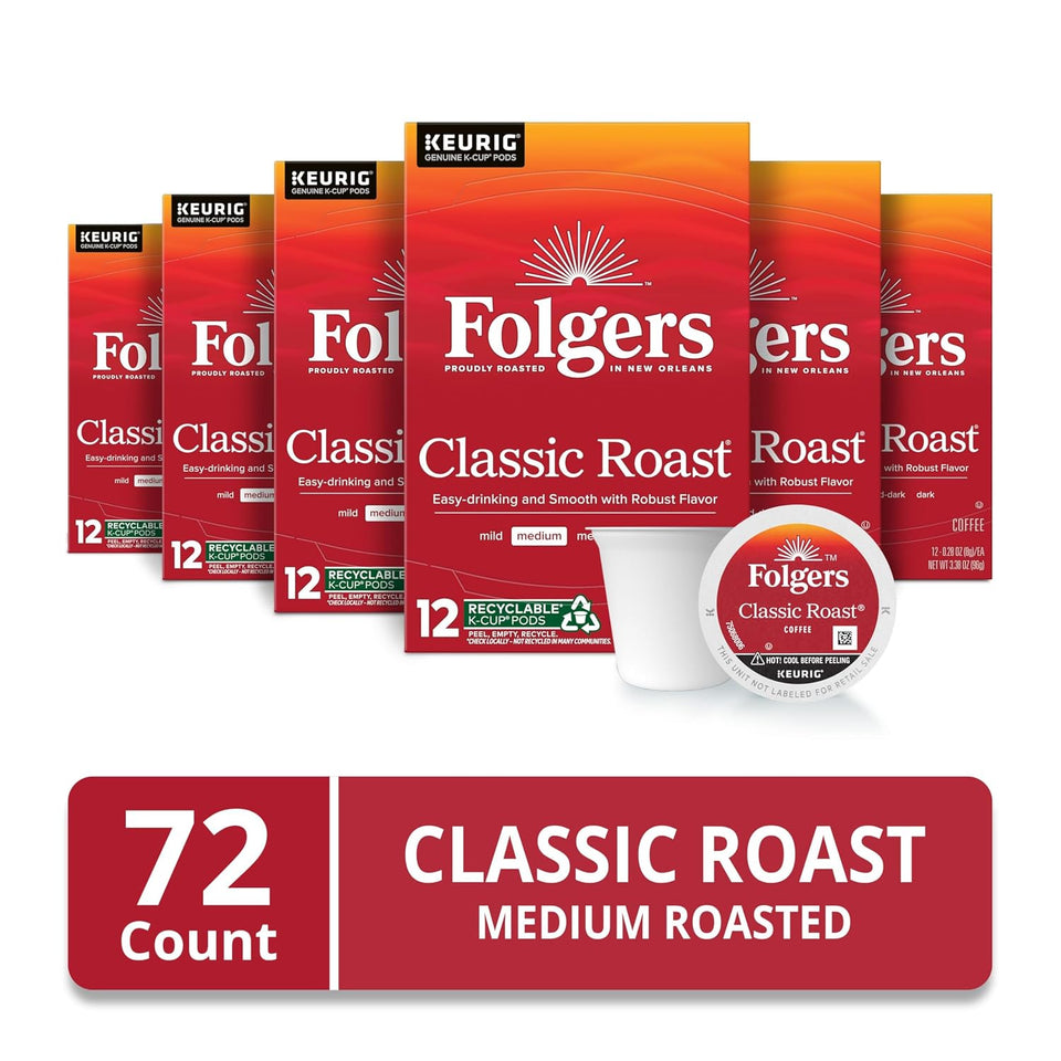 Folgers Classic Roast, 12-Count Medium Roast Coffee K-Cup Pods, 6-Pack