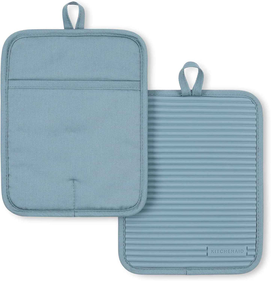KITCHENAID Ribbed Soft Silicone Pot Holder 2-Pack Set, Matte Black, 7"x9"