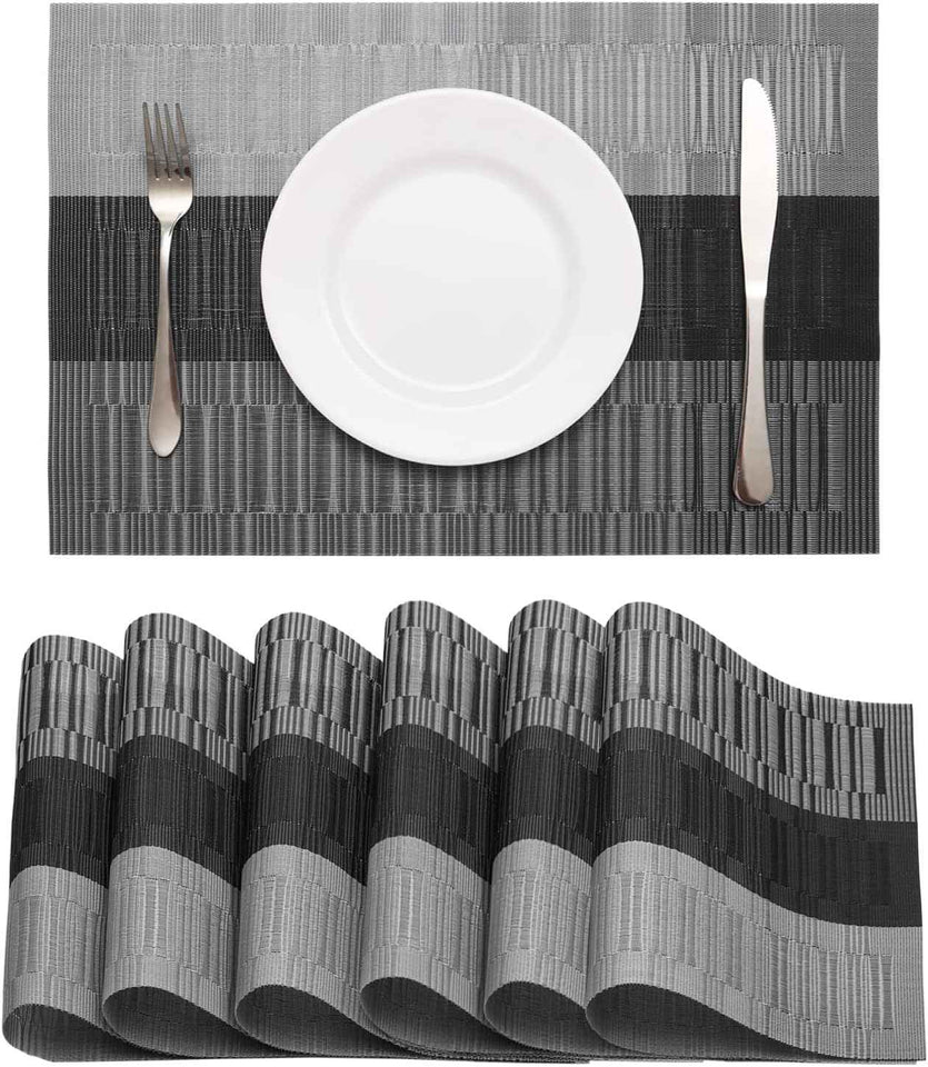 HeloHo Black Placemats Set of 4 Heat-Resistant Washable Place Mats Non-Slip Vinyl Woven Table Mats Wipeable Placemat for Kitchen Dining Table Decoration Indoor Outdoor