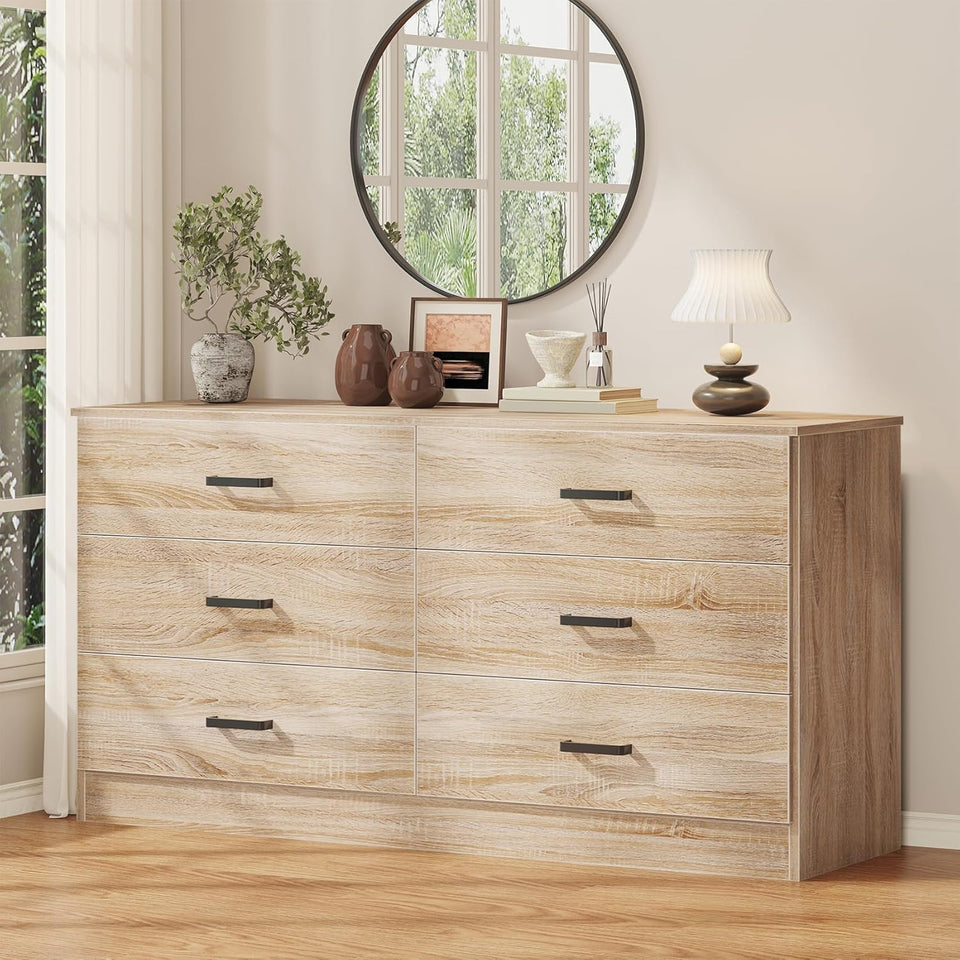 Bigbiglife Dresser for Bedroom, 6 Drawer Double Dresser, Modern Chest of Drawers with Deep Drawers, TV Stand Large Storage Organizer for Living Room, Closet (Light Oak)
