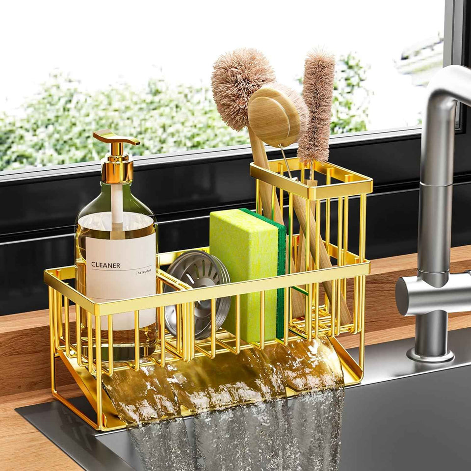 Cisily Sink Caddy Sponge Holder for Kitchen with Brush Holder and Stainless Steel Self Drain Tray, Rustproof Kitchen Sink Organizer for Sponge, Soap Dispenser Storage Accessories