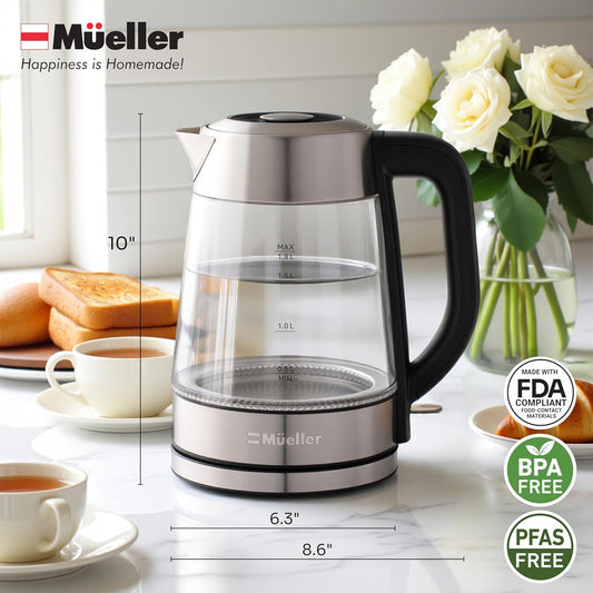 Mueller Rapid Boil Electric Tea Kettle 1.8L – Borosilicate Glass & Stainless Steel – BPA-Free Hot Water Boiler, LED Light, Auto Shut-Off, Boil Dry Protection Fast Water Heater – Kitchen Appliances