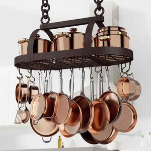 KES 34 Inch Oiled Bronze Hanging Pot Rack, Heavy Duty Oval Pot and Pan Hanging Rack Ceiling Mount, Pot Pan Hangers for Kitchen with 20 Hooks, (For 16" and 24" Joist Mount), KUR221S85-OB