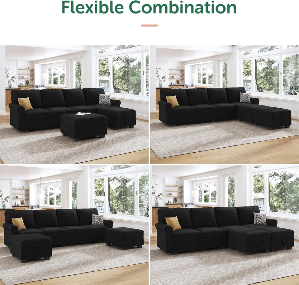 HONBAY Sectional Sofa with Storage Seat Velvet U Shaped Couch with Reversible Chaise Convertible Sectional Couches for Living Room,Black Velvet