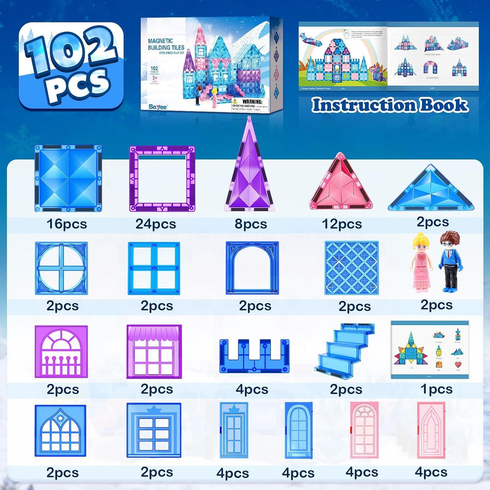 Magnetic Tiles 102pcs with 2 Stairs 2 Dolls Princess Castle Building Girls Toys Age 4-8 Magnetic Blocks Birthday Xmas Gifts for Girls Toys for 3, 8+ Year OldMagnetic Tiles 102pcs with 2 Stairs 2 Dolls Princess Castle Building Girls Toys
