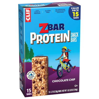 Zbar Protein - Chocolate Chip - Crispy Snack Bars - Made with Organic Oats - Non-GMO - 5g Protein - Gluten Free Protein Bars (15 Pack)