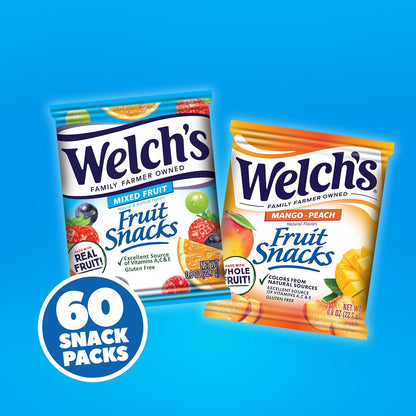 Welch's Fruit Snacks, Mixed Fruit & Mango Peach Snack Box, Gluten Free, Stocking Stuffers, 0.8oz Snack Packs (Pack of 60)