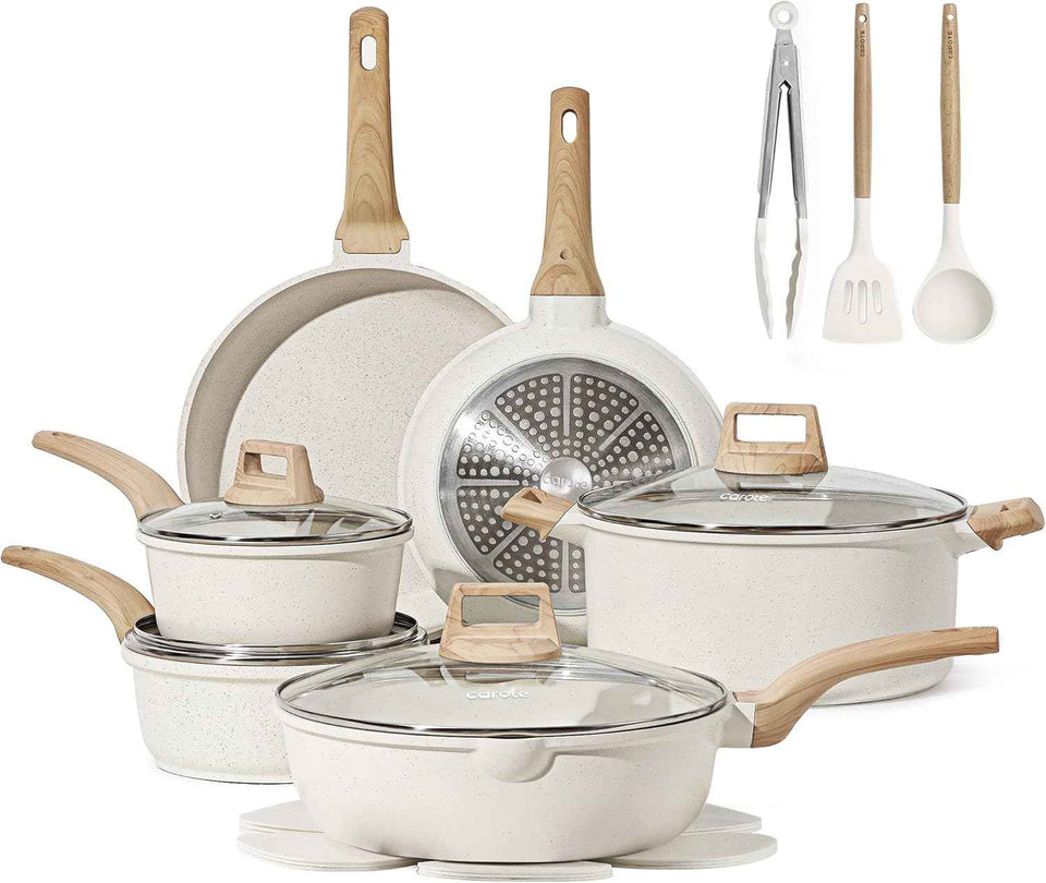 CAROTE 21Pcs Pots and Pans Set, Nonstick Cookware Sets, White Granite Induction Cookware Non Stick Cooking Set w/Frying Pans & Saucepans(PFOS, PFOA Free)