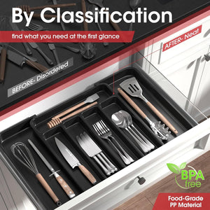 Aujen Silverware Organizer - Expandable Kitchen Drawer Organizer, Adjustable Utensil Organizer, Cutlery Tray for Forks, Knives, Multipurpose Kitchen Organizers and Storage Solution, Black, Medium