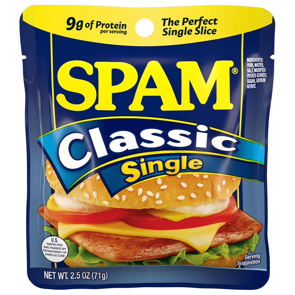 SPAM Classic Single, 9 Grams of Protein Per Serving, 2.5 oz Single Pouches, (12 Pack)