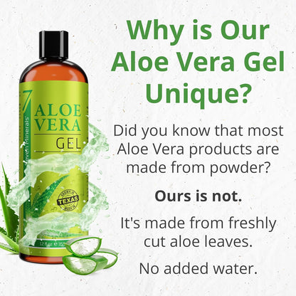 seven minerals organic aloe vera gel - 12oz - texas grown - vegan - unscented - for skin hair sunburn relief