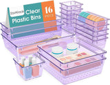 16 PCS Drawer Organizer Set, 5 Varied Size Bathroom and kitchen Drawer cabinet organizer Trays, Clear Storage Bins for Makeup, Jewelry, Utensils and Gadgets