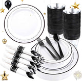 WELLIFE 700 Pieces Silver Plastic Dinnerware Set for 100 Guests - Includes Plates, Cups, Napkins, and Disposable Cutlery - Elegant White & Silver Design, Perfect for Parties and Events
