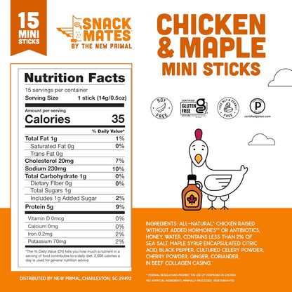 The New Primal Snack Mates Chicken & Maple Sticks, Gluten Free Healthy Snacks for Kids, Low Sugar High Protein Back to School Snacks, Mini Paleo Jerky Meat Stick, 5g Protein, 35 Calories, 15 Pack