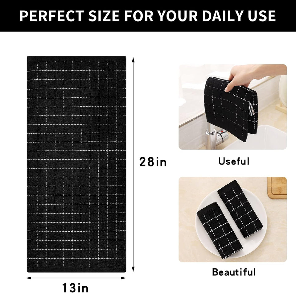 Homaxy 100% Cotton Terry Kitchen Towels(Black, 13 x 28 inches), Checkered Designed, Soft and Super Absorbent Dish Towels, 4 Pack