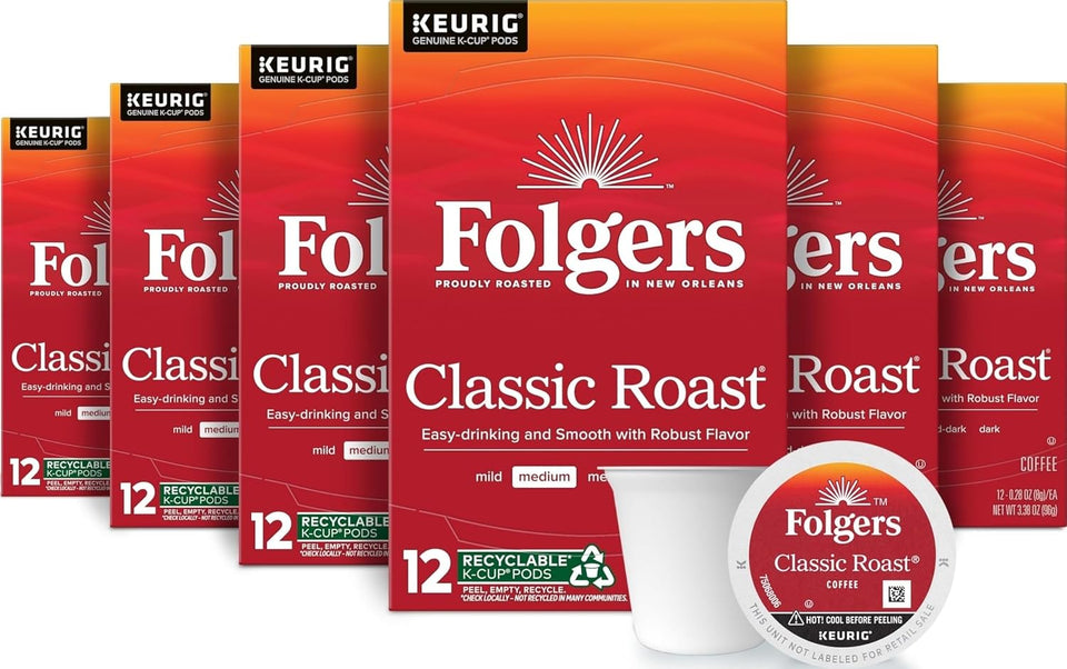 Folgers Classic Roast, 12-Count Medium Roast Coffee K-Cup Pods, 6-Pack