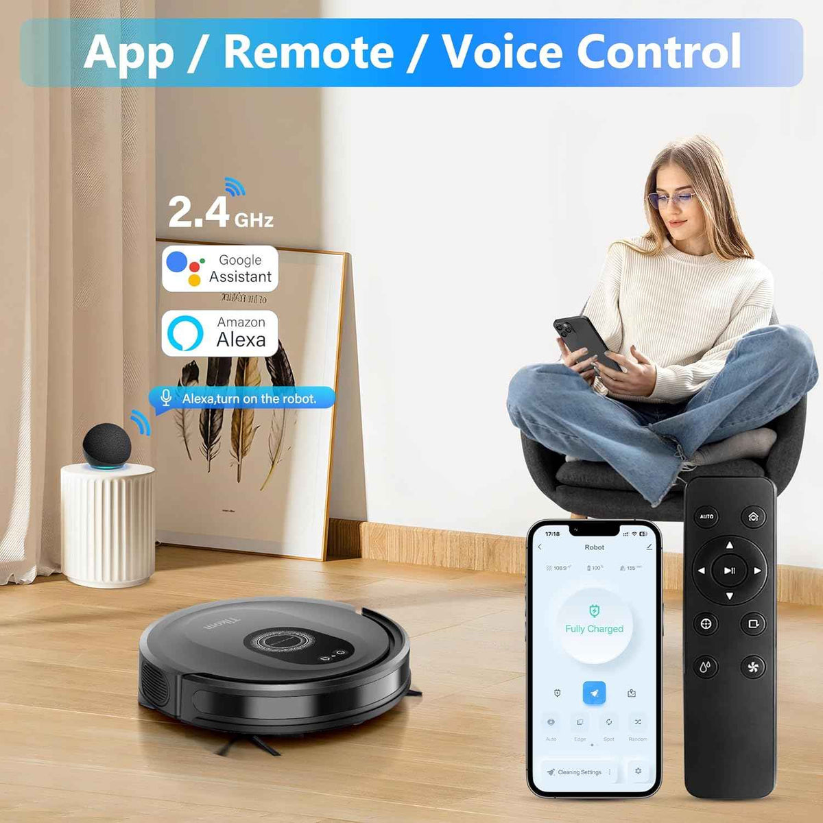 Tikom Robot Vacuum and Mop Combo, 5000Pa Robotic Vacuum Cleaner, 150 Min Max, App & Remote Control, Ideal for Hard Floor, Carpet, Pet Hair, Self-Charge(G8000 Max)