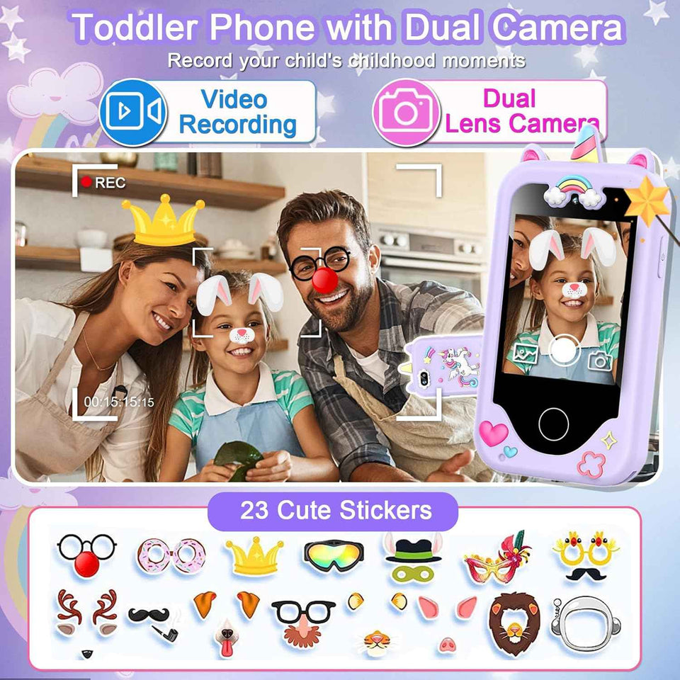 Purple 2.8" touchscreen kids phone for 3-10 year old girls, dual camera, music player, and learning games