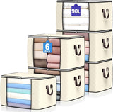 90 L Large Storage Bags, 6 Pack Clothes Storage Bins Foldable Closet Organizers Storage Containers with Reinforced Handle for Clothing, Blanket, Comforters, Bed Sheets, Pillows and Toys (Gray)