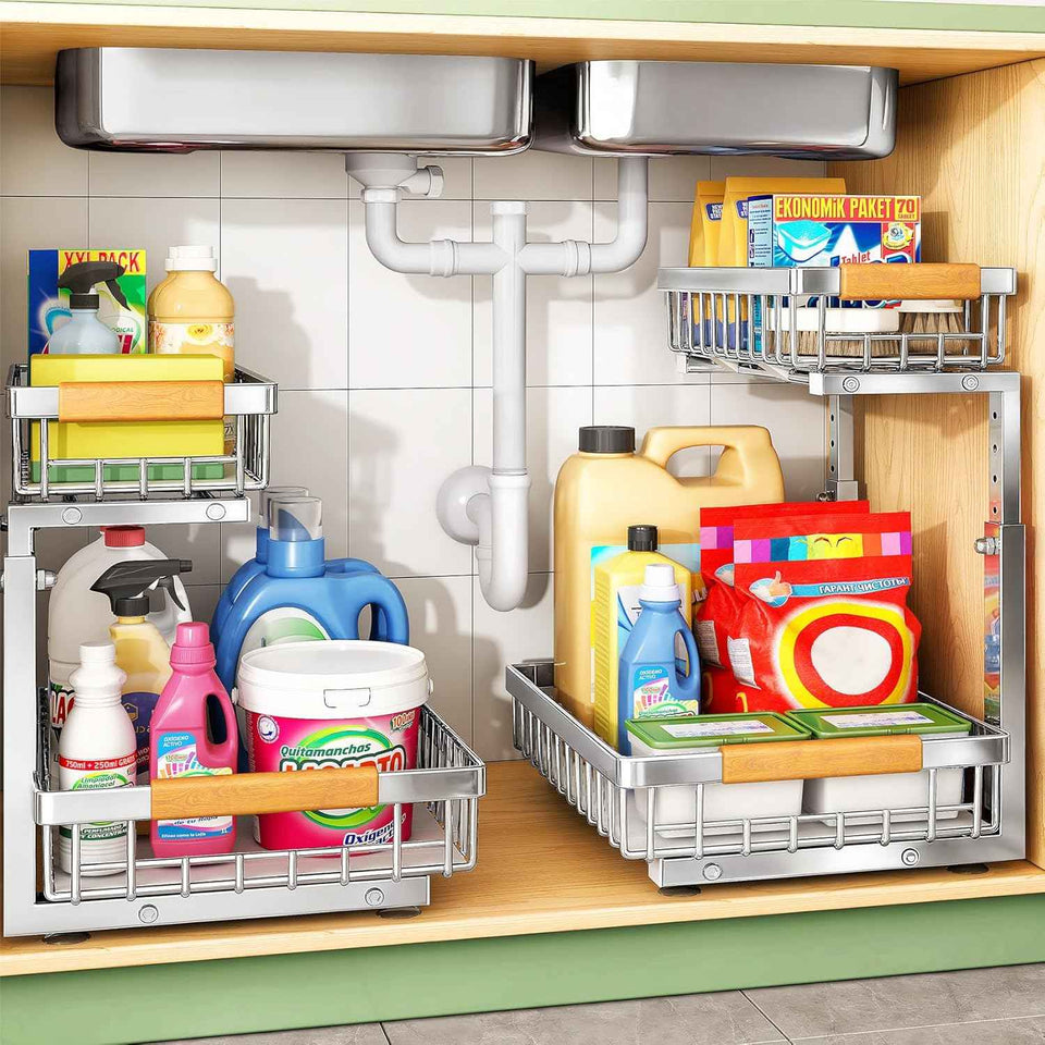Under Sink Organizer, 2 Packs 2 Tier Under Sink Organizers and Storage, Slide out Pull out Cabinet Organizer Shelf, Metal Sliding Drawer for Kitchen Bathroom Pantry Cabinet Closet Organization Rack