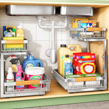 Under Sink Organizer, 2 Packs 2 Tier Under Sink Organizers and Storage, Slide out Pull out Cabinet Organizer Shelf, Metal Sliding Drawer for Kitchen Bathroom Pantry Cabinet Closet Organization Rack
