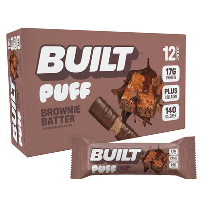 Built Bar, Puff Protein Bars, Brownie Batter Puff, 17g Protein Snacks, On-The-Go Bars, Only 140 Calories, 6g Sugar, Collagen, Gluten Free, 12 Count