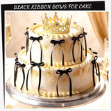 30 Pack Bow Cake Toppers Black Ribbon Bows for Cake Coquette Themed Bow Cupcake Toppers Graduation Decoration Bow Birthday Decorations for Baby Shower, Wedding, Engagement, Bachelorette Party
