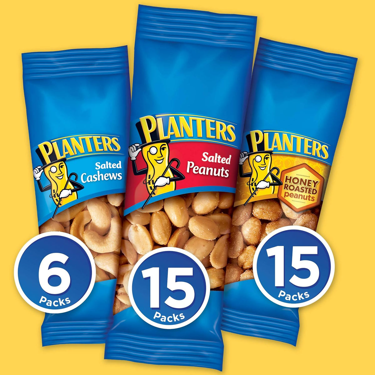 PLANTERS Variety Pack, Salted Cashews, Salted Peanuts & Honey Roasted Peanuts, On-the-Go Nut Snacks, Individually Packed Snacks, Mixed Nuts, Kosher, (36 Count)