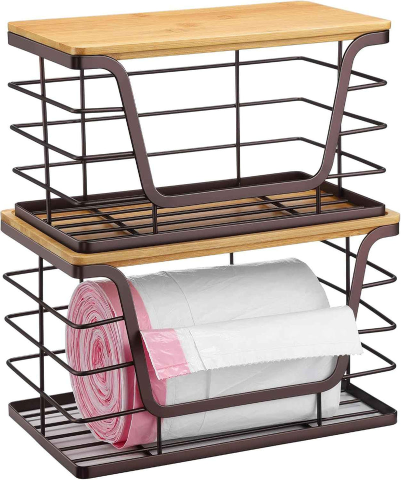ALOCEO 2 Pack Storage Stackable Kitchen Laundry Organizers with Bamboo Top, Large Trash Bag Holder and Small Garbage Bag Dispenser for Countertop Organization