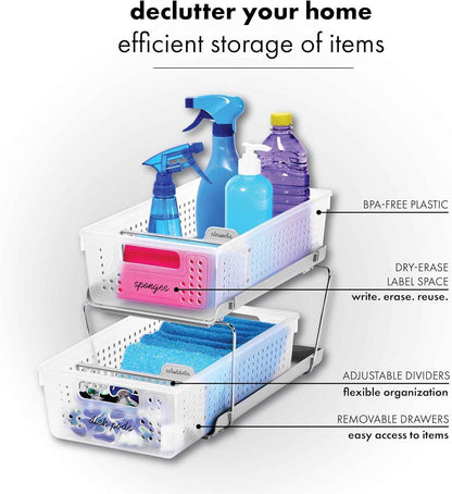 madesmart 2 Tier Bath Organizer, Undersink Storage with Sliding Drawers, for Cleaning Supplies, Pantry, Sponges, Bottles & Kitchen Essentials, Adjustable Dividers & Pull Out Sliding Baskets, Frost