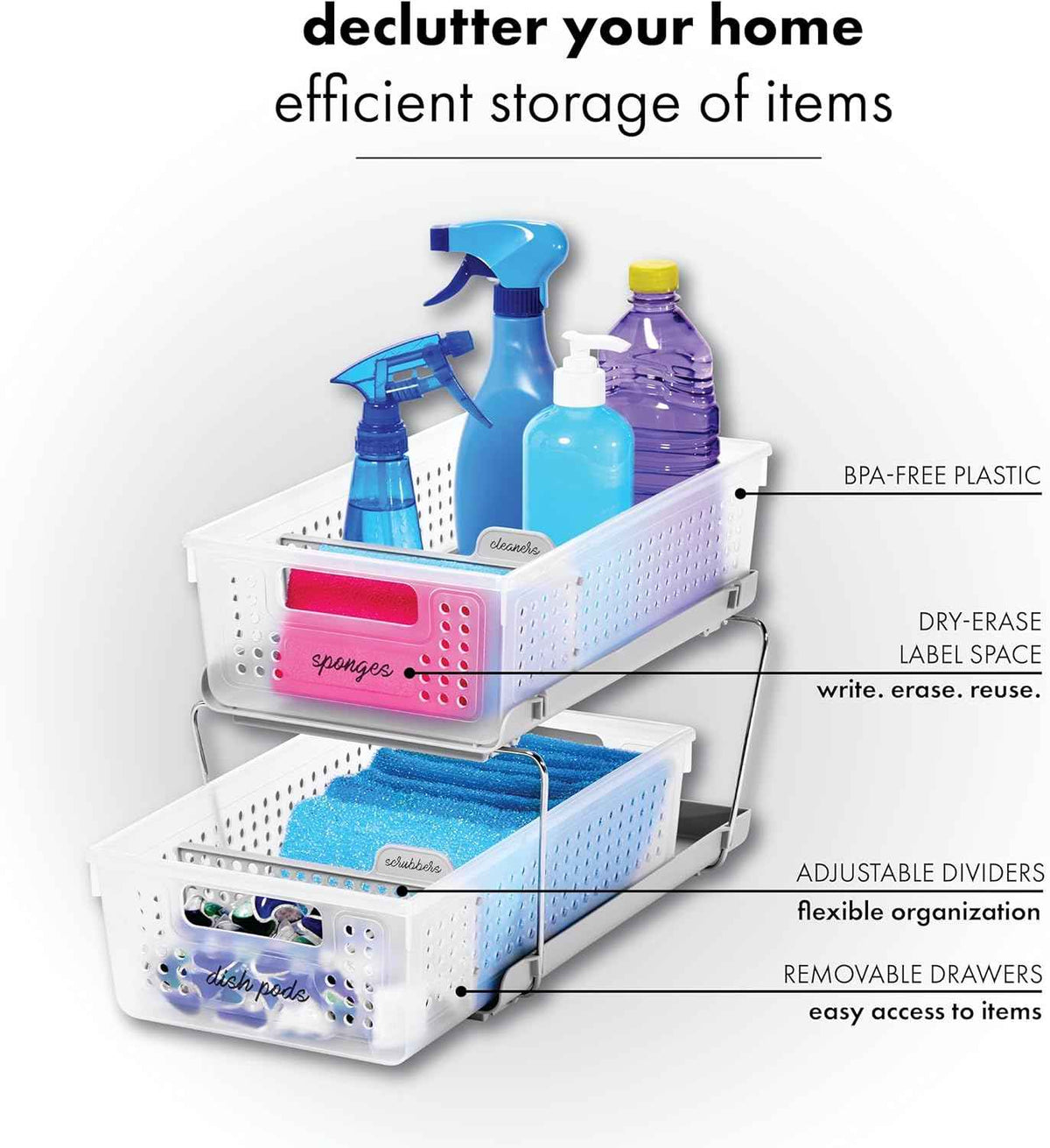 Madesmart 2-Tier Organizer for Kitchen Cabinets and Bathroom Sinks with Adjustable Dividers and Pull-Out Sliding Baskets
