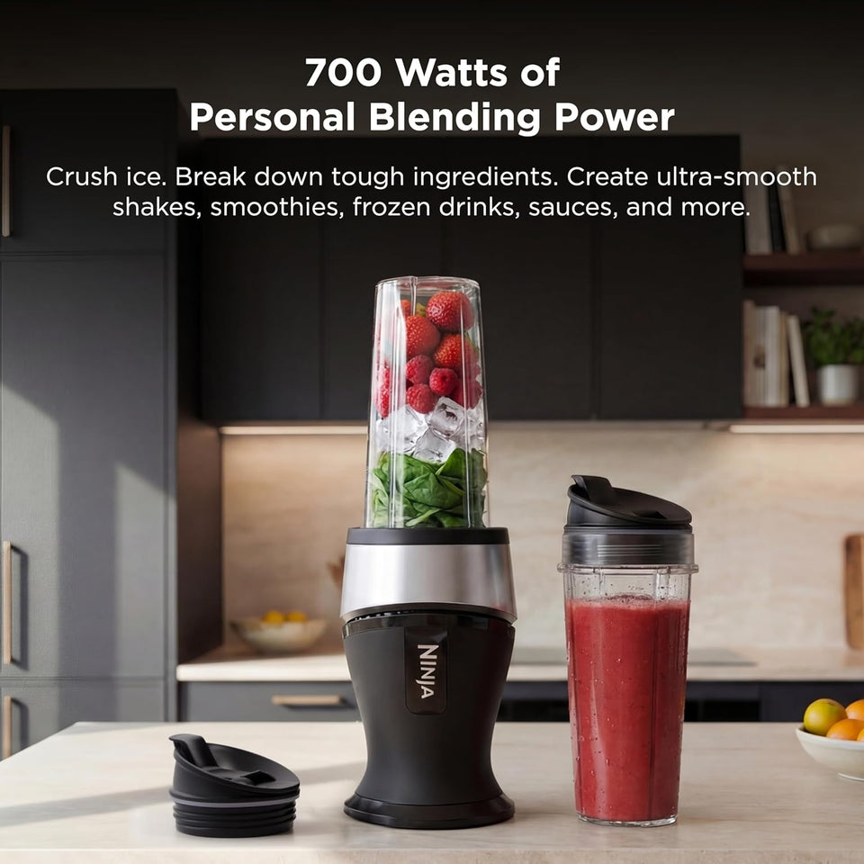 Ninja Fit Compact Personal Blender, Portable Blender for-Smoothies, Shakes, Food Prep, and Frozen Blending, 700-Watt Base, (2) 16-oz. Cups and Spout Lids, Black QB3001SS