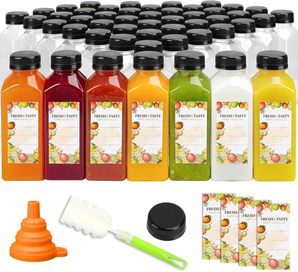 TOMNK 100pcs 16oz Plastic Beverage Containers, Black Caps with Label, Funnel and Brush for Juicing, Smoothies, Tea, Milk