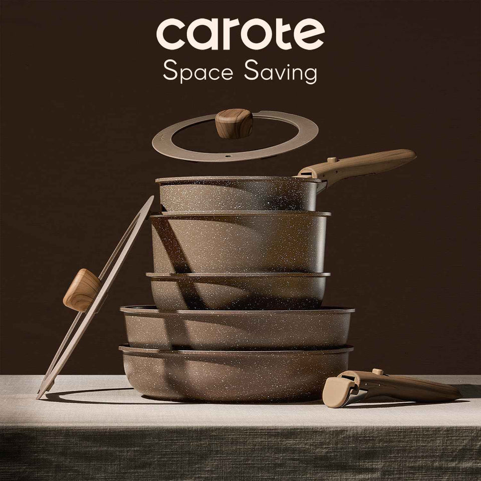 CAROTE 17PCS Pots and Pans Set Non Stick with Detachable Handle, Nonstick Cookware Sets, Cooking Kitchen Set, Oven/Dishwasher Safe, Induction Cookware, Brown, RV Kitchen Pot and Pan