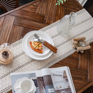 Alynsehom Macrame Hand Woven Cream Beige Boho Table Runner with Tassels 12x71in Cotton Rustic Farmhouse Kitchen Dining