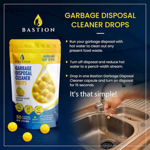 Bastion lemon zest scented 50-count garbage disposal cleaner drops & deodorizer pods for kitchen sink
