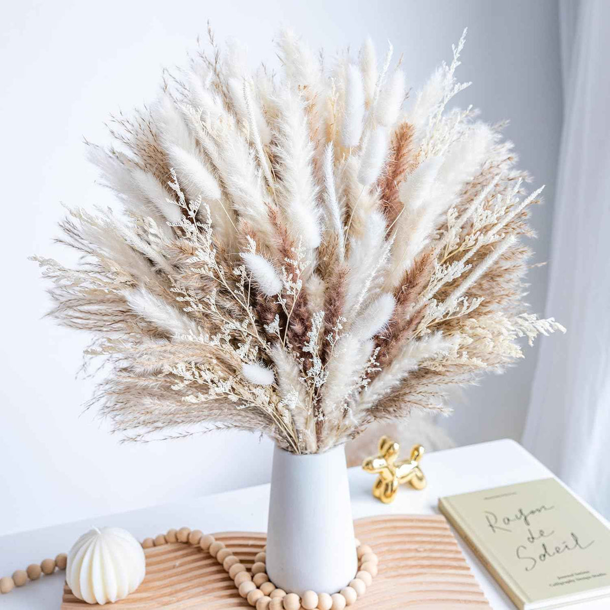 96PCS Natural Dried Pampas Grass Boho Home Decor Bouquet Phragmites Dried Flowers Bouquet for Wedding Floral Arrangements Home Decorations (96PCS)