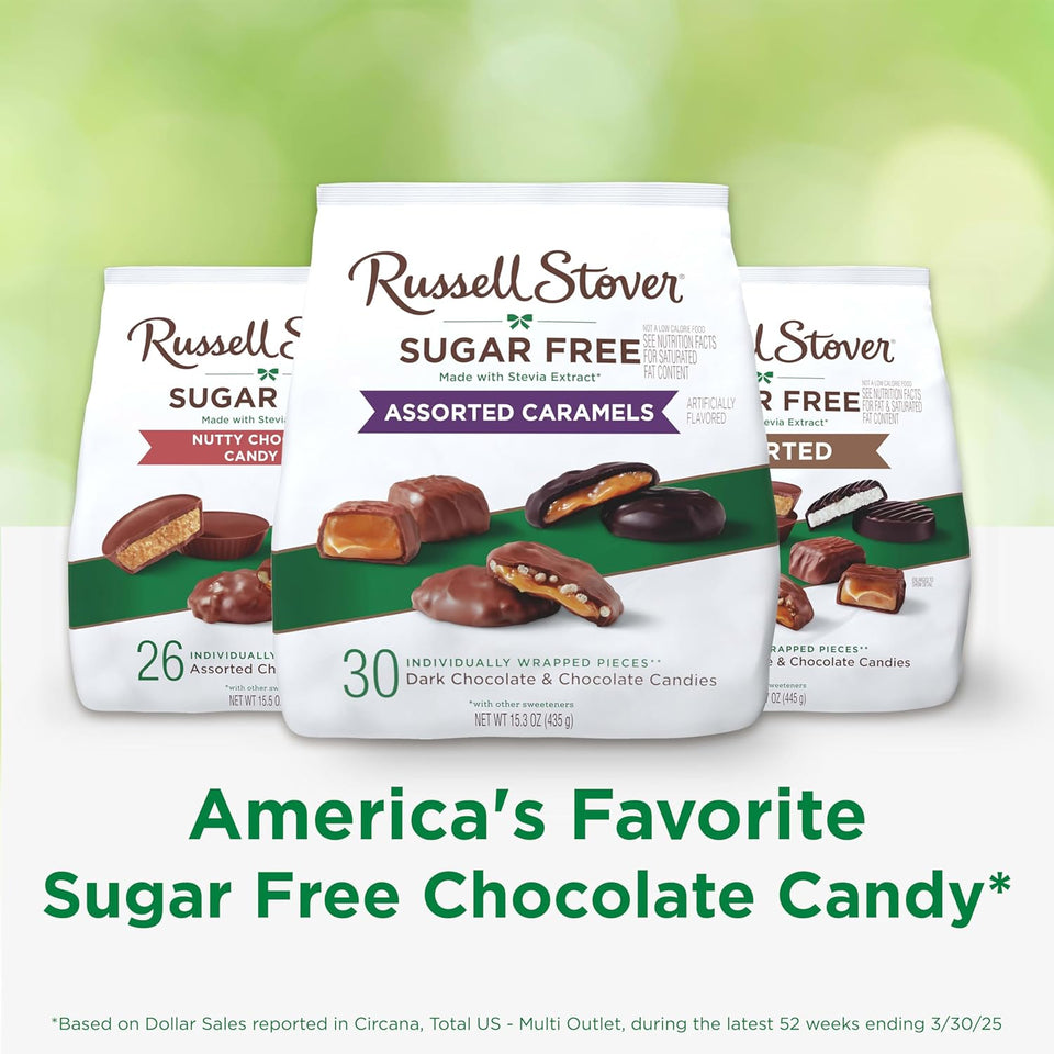 russell stover sugar free assorted caramels in chocolate, 15.3 oz. bag, made with stevia extract, no added sugar