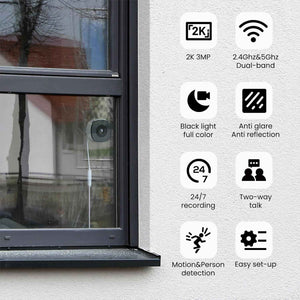 2K no-drill window camera 2-pack with 2.4GHz & 5GHz WiFi, anti-glare night vision, human detection, and 24/7 recording for indoor & outdoor home security