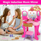 Light Pink Magic Makeup Table & Chair Set for 2-5 year old girls with Music and Mirror, Princess Dress Up Playset