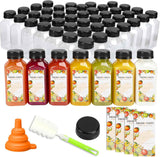 TOMNK 100pcs 16oz Plastic Beverage Containers, Black Caps with Label, Funnel and Brush for Juicing, Smoothies, Tea, Milk