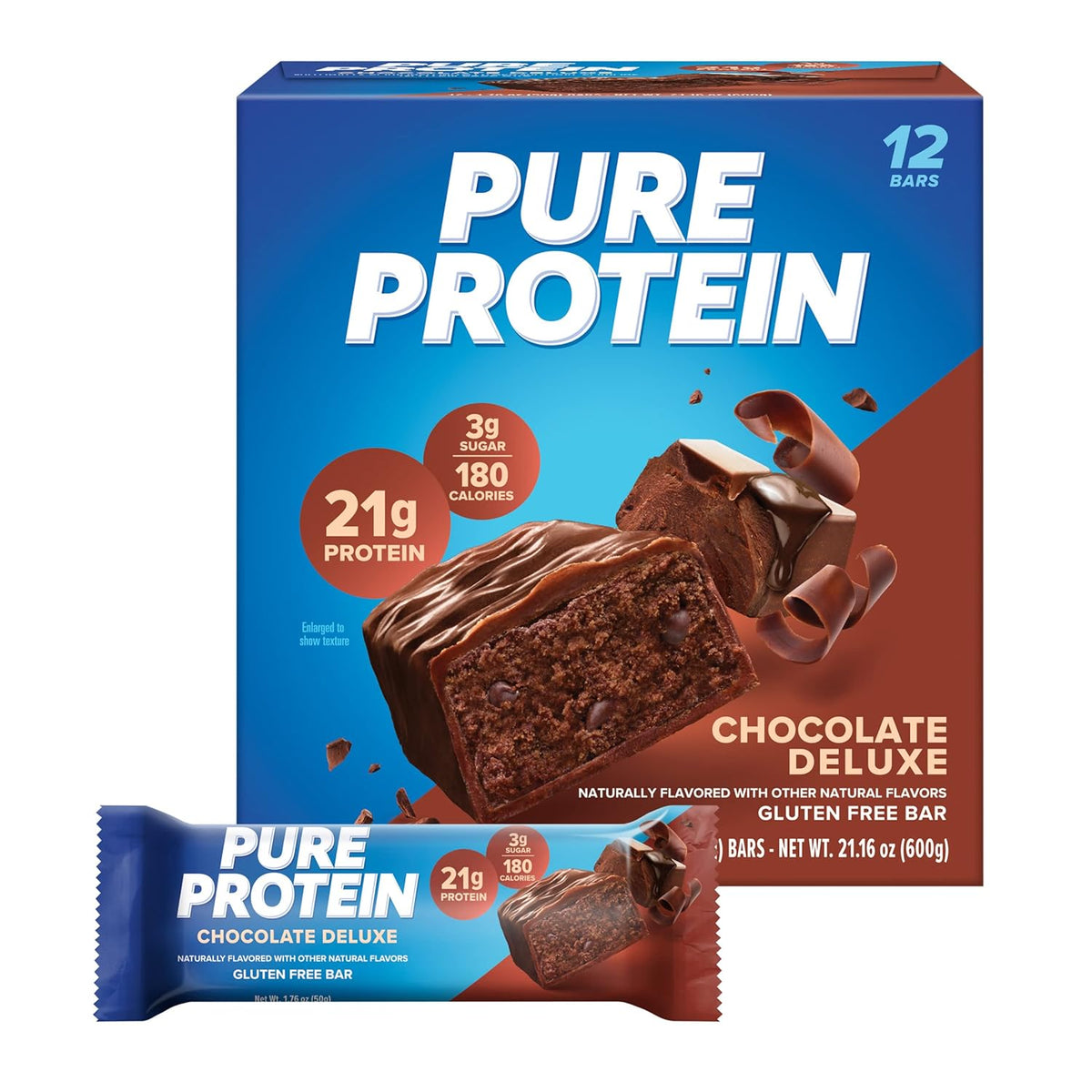 Pure Protein Chocolate Deluxe Protein Bars – 20g Protein, 3g Sugar, 190 Calories (12 count) Low Sugar* High Protein Snack - Gluten Free - Perfect for a Healthy Snack