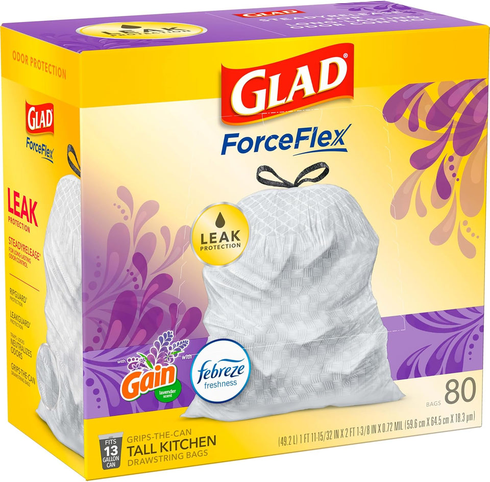 Glad ForceFlex Tall Kitchen Trash Bags, 13 Gal, Gain Lavender with Febreze, 80 Ct (Pack May Vary)