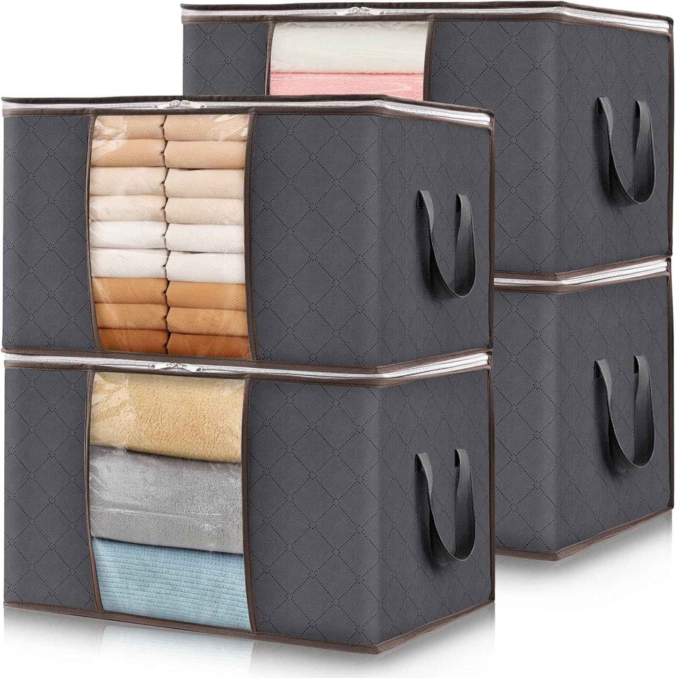 Lifewit 6 Pack Clothes Storage Bins with Lids, Foldable Blanket Storage Bags with Zippers, Clear Window and Reinforced Handles, Closet and Organization for Clothing, Sweater, Comforter, Bedding, Gray