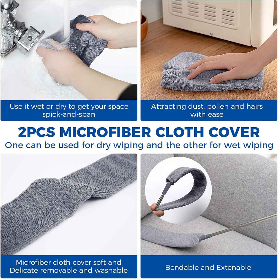 Retractable Microfiber Dusting Cloths with Long Handle 60inches for Cleaning Under Appliances Furniture Couch Fridge